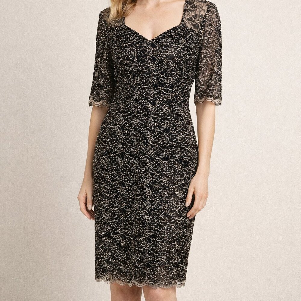 Connected apparel Black Lace Cocktail Dress with Metallic Accents size 12